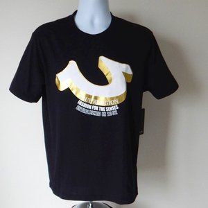 NWT Men’s TRUE RELIGION Slanted Foil 3D Horseshoe Crewneck Black T Shirt